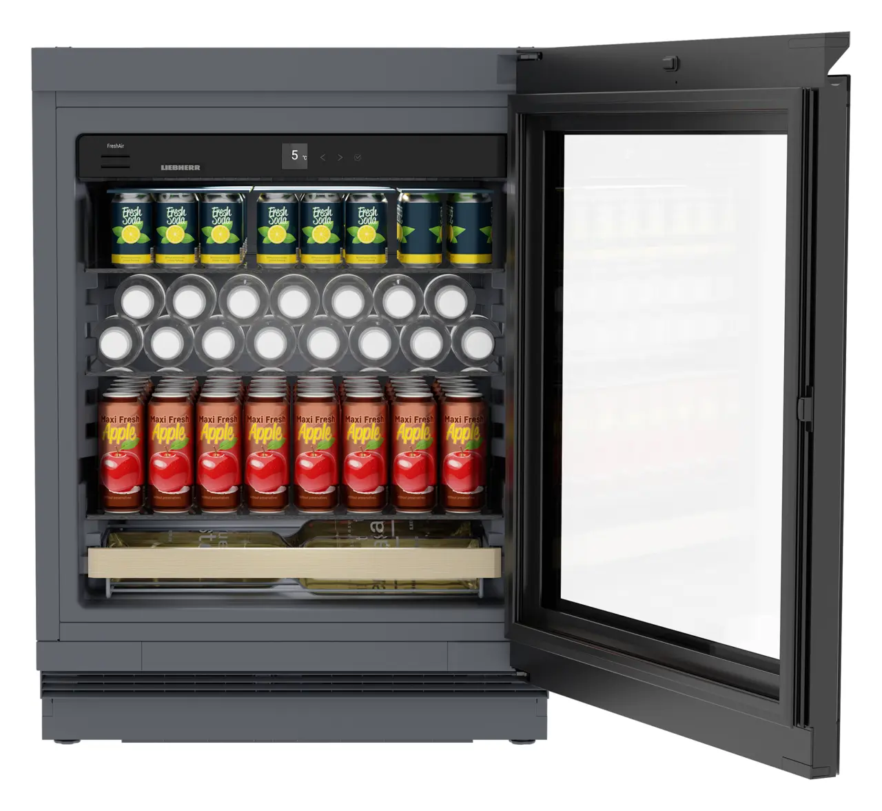 Product image, Perspective: straight open decorated, Fully Integrated under counter beverage fridge, Door colour: GlassBlack