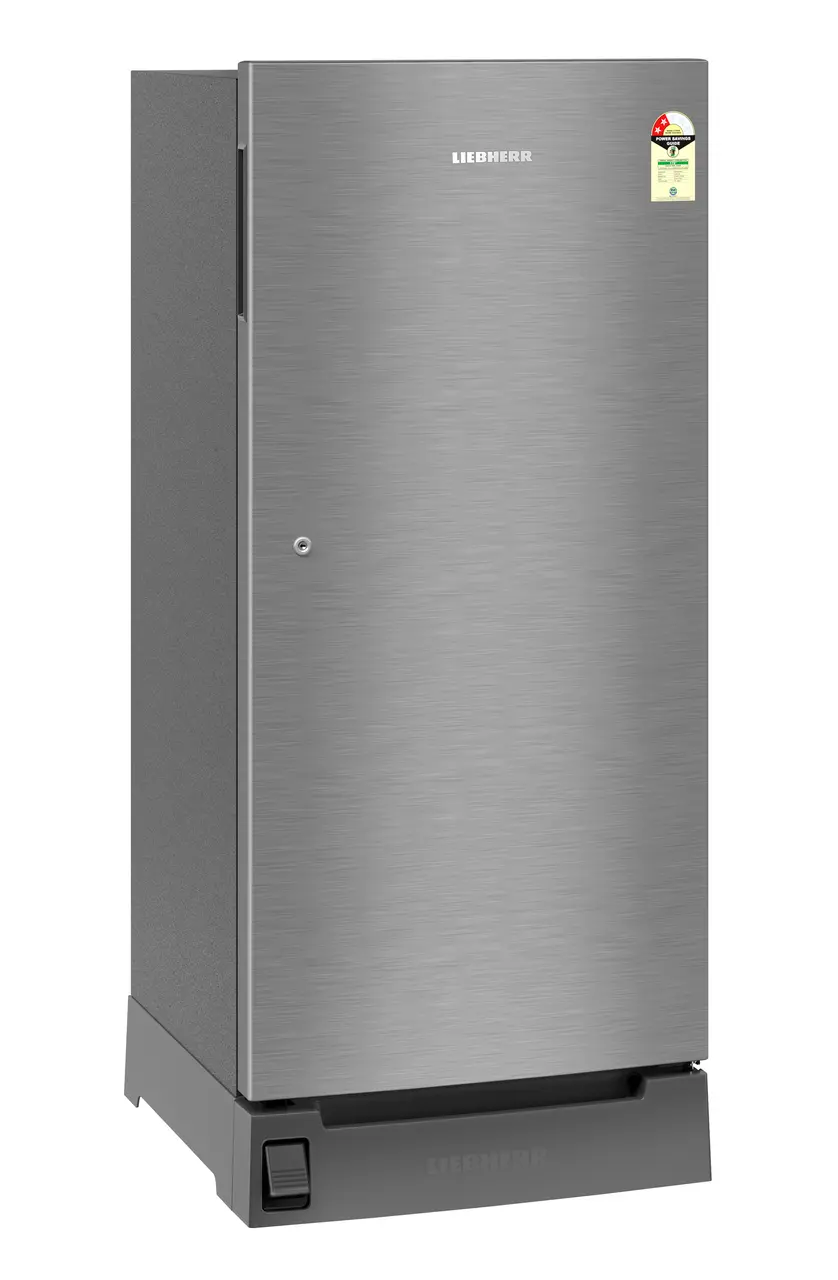 Product image, Perspective: oblique closed, Single-door fridge 191 l in 2 star with foot pedal base drawer, Casing colour: grey, Door colour: Silver Steel