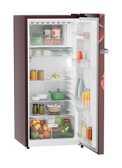 Product image, Perspective: oblique open decorated, Single-door refrigerator 202 l in 4 star with iCoolTouch UI, Casing colour: red, Door colour: Red Divine