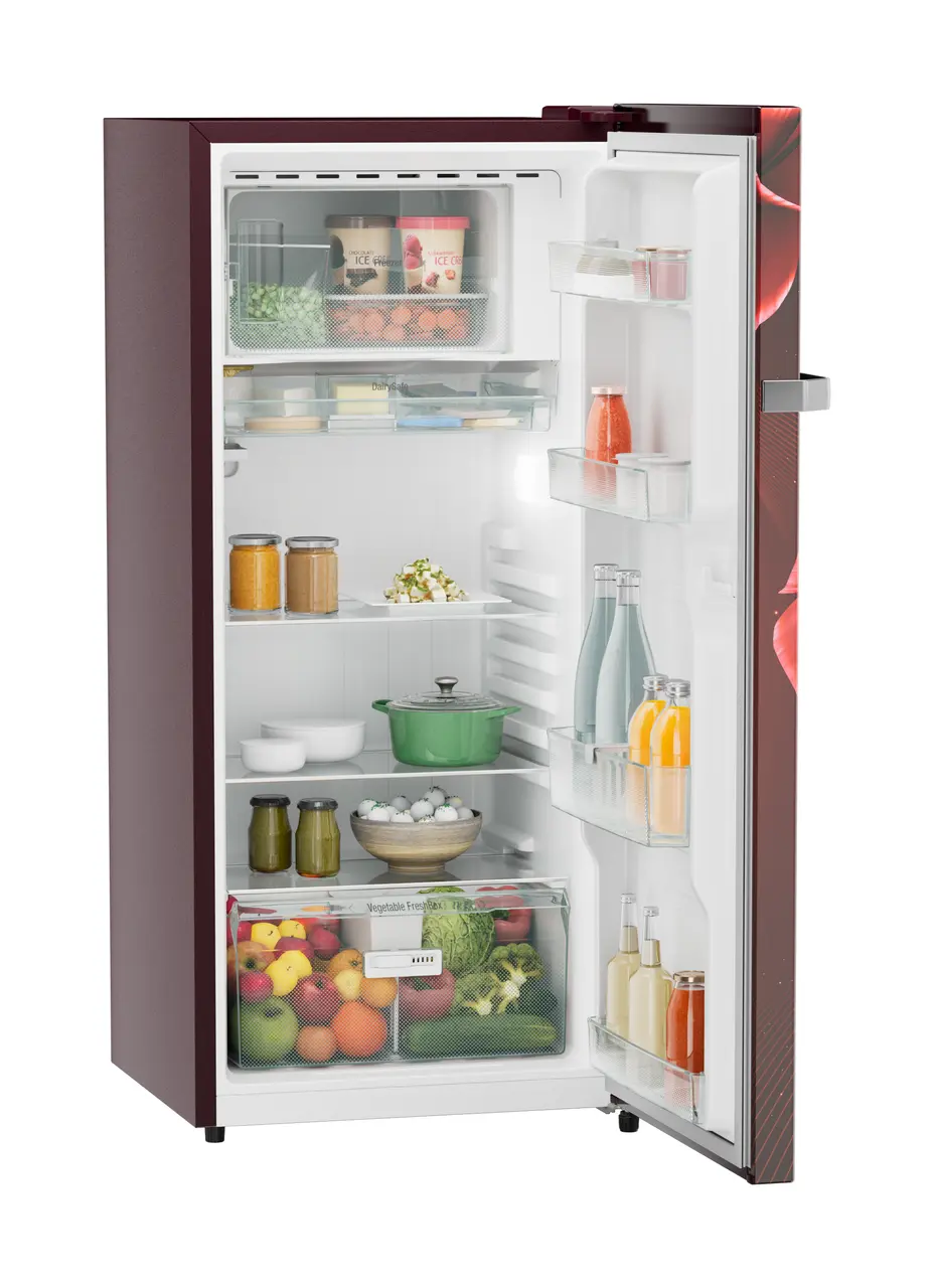 Product image, Perspective: oblique open decorated, Single-door refrigerator 202 l in 4 star with iCoolTouch UI, Casing colour: red, Door colour: Red Divine