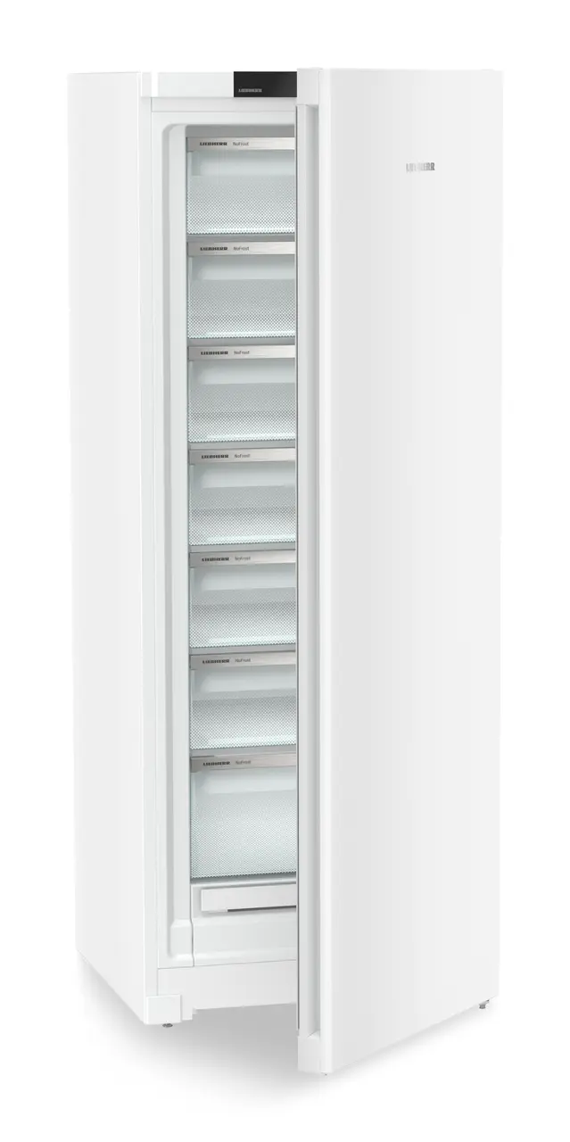 Produkt-Bild, Perspektive: schräg halb offen leer, Standgefrierschrank mit NoFrost, Gehäusefarbe: Weiß, Türfarbe: Weiß