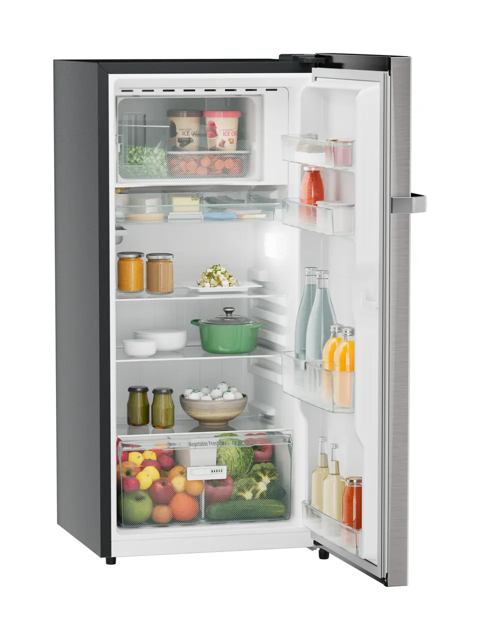 Product image, Perspective: oblique open decorated, Single-door refrigerator 191 l in 4 star with iCoolTouch UI, Casing colour: grey, Door colour: Stainless Steel