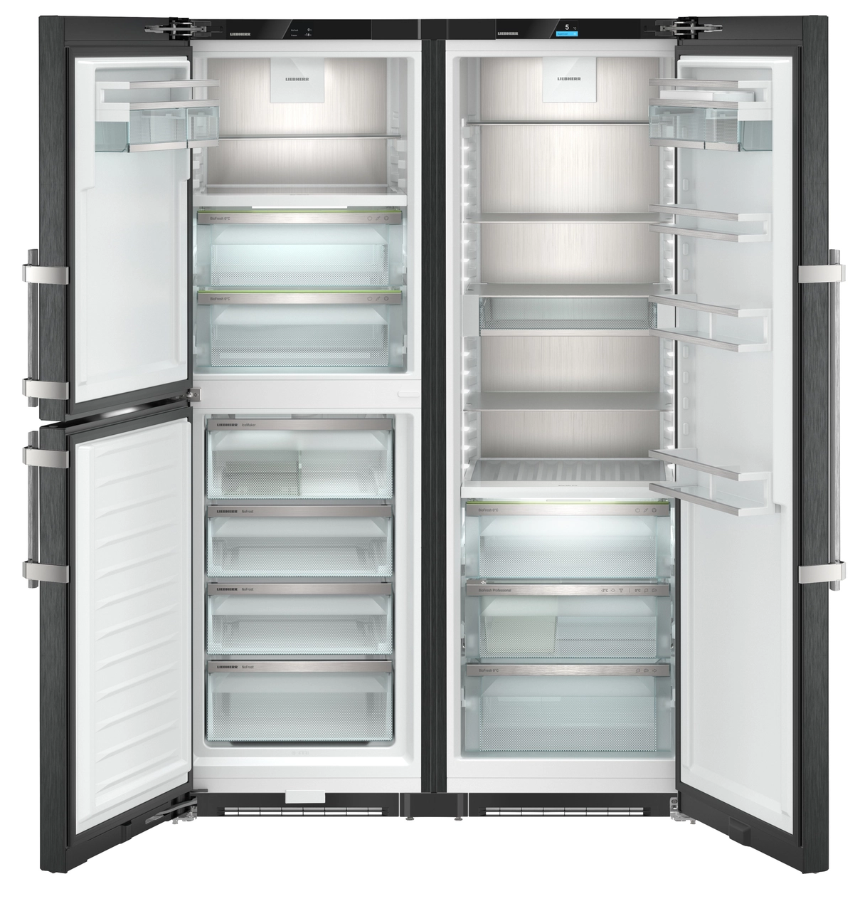 Product image, Perspective: straight open empty, Side-by-Side combination, Casing colour: BlackSteel, Door colour: BlackSteel