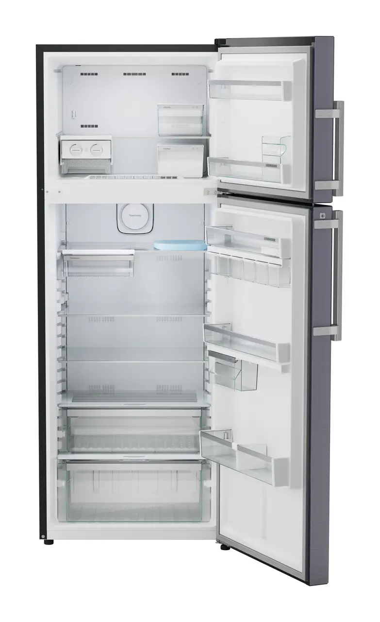 Product image, Perspective: straight open empty, Fridge-freezer with NoFrost, Casing colour: grey, Door colour: Cobalt Steel