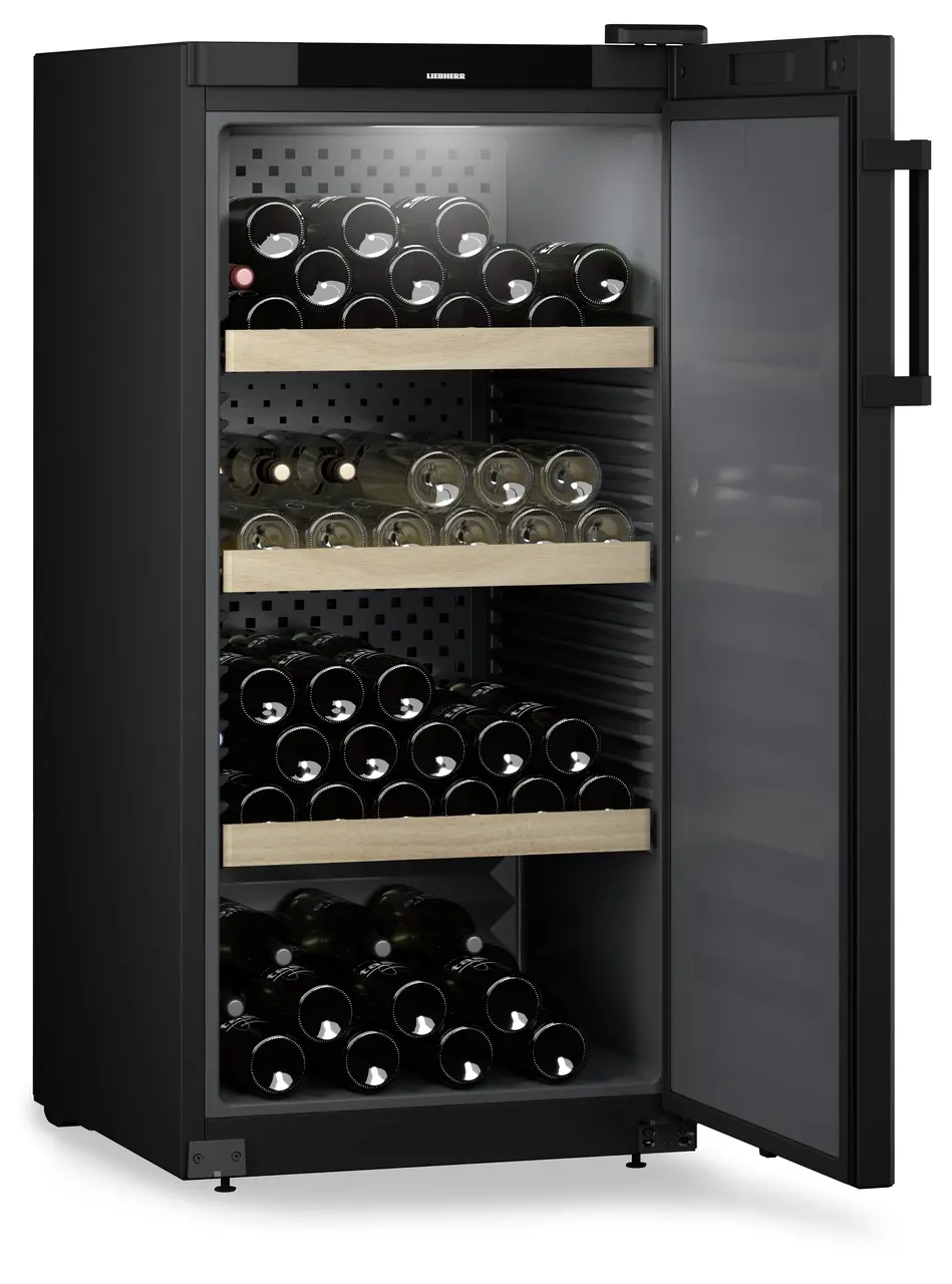 Product image, Perspective: oblique open decorated, Wine storage cabinet, Casing colour: black, Door colour: black