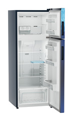 Product image, Perspective: oblique open empty, Fridge-freezer with NoFrost, Casing colour: blue, Door colour: Blue Mystiq