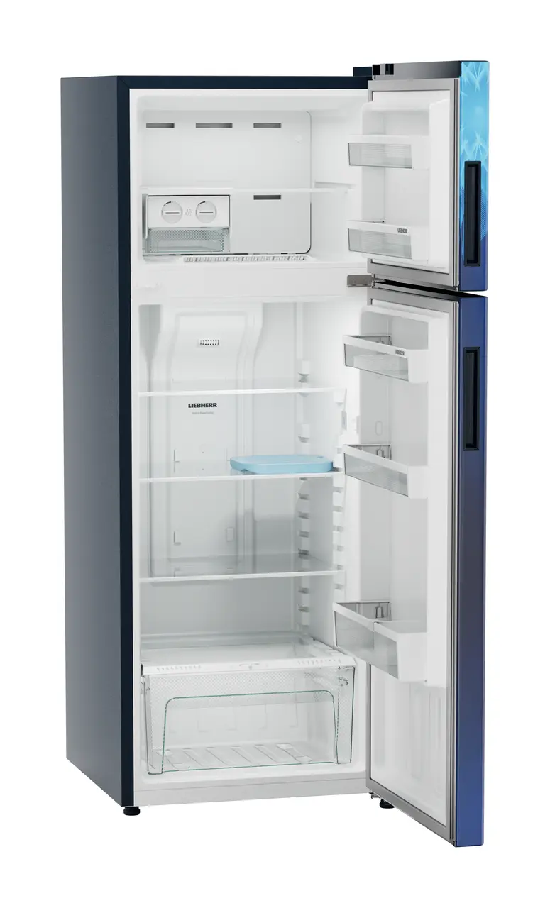 Product image, Perspective: oblique open empty, Fridge-freezer with NoFrost, Casing colour: blue, Door colour: Blue Mystiq