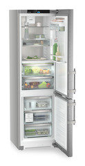 Product image, Perspective: oblique open decorated, Fridge-freezer with BioFresh and NoFrost, Casing colour: silver, Door colour: stainless steel