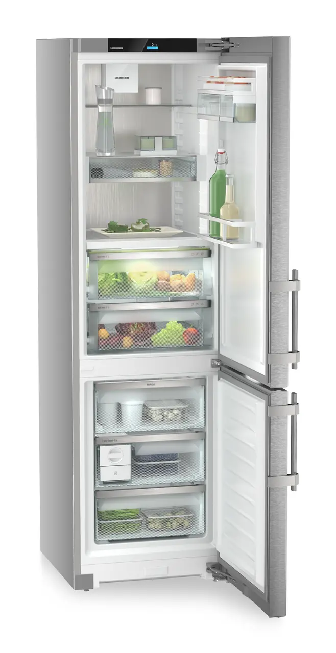 Product image, Perspective: oblique open decorated, Fridge-freezer with BioFresh and NoFrost, Casing colour: silver, Door colour: stainless steel