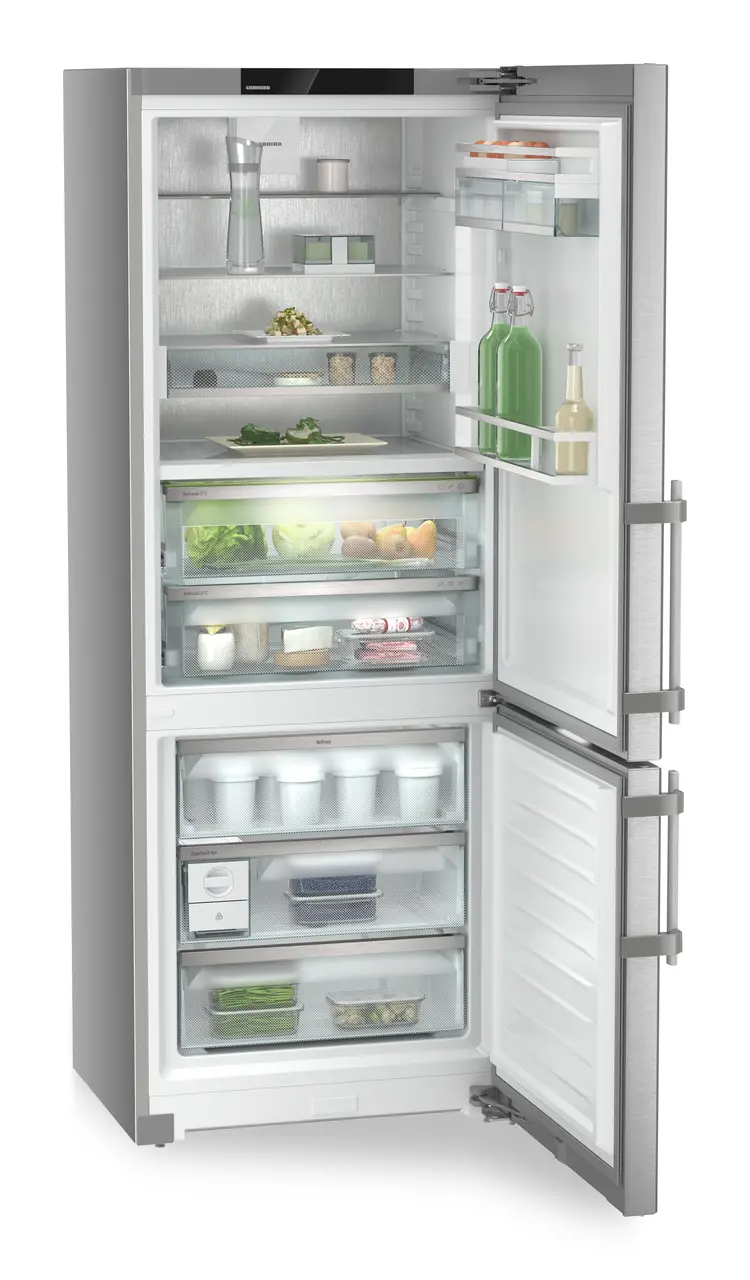 Product image, Perspective: oblique open decorated, Fridge-freezer with BioFresh and NoFrost, Casing colour: silver, Door colour: stainless steel