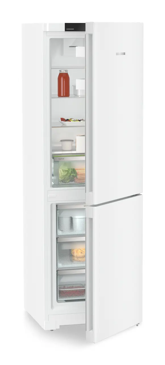 Изображение продукции, Перспектива: Под углом, с полуоткрытой дверцей, с продуктами, Комбинированный холодильник-морозильник с EasyFresh и NoFrost, Цвет корпуса: белый, Цвет дверцы: белый