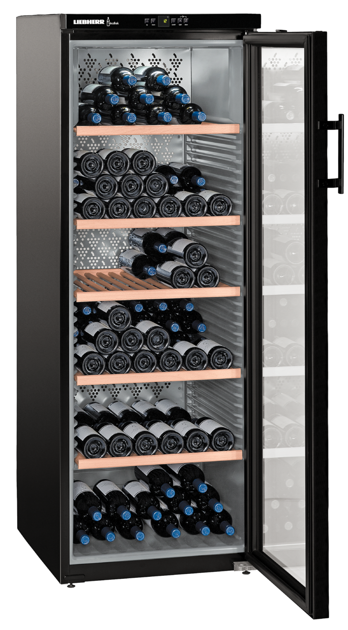 Product image, Perspective: oblique open decorated, Wine storage cabinet, Casing colour: black, Door colour: black