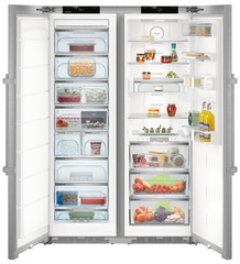 Product image, Perspective: straight open decorated, Side-by-Side combination, Casing colour: stainless steel, Door colour: stainless steel