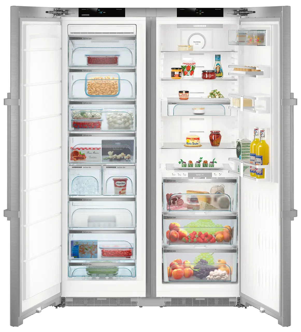 Product image, Perspective: straight open decorated, Side-by-Side combination, Casing colour: stainless steel, Door colour: stainless steel