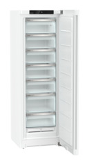 Slika izdelka, Perspektiva: Pod kotom, odprto, prazno, Samostojna zamrzovalna omara s sistemom NoFrost, Barva ohišja: bela, Barva vrat: bela