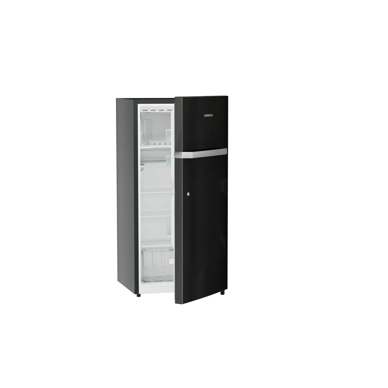 Product image, Perspective: oblique half-open empty, Single-door refrigerator 191 l in 5 star with inverter compressor, Casing colour: grey, Door colour: Black Gloss