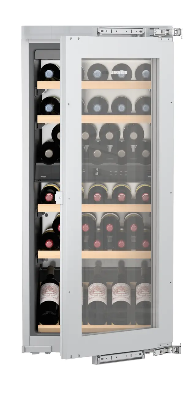 Product image, Perspective: straight half-open decorated, Built-in multi-temperature wine cabinet, Casing colour: silver, Door colour: silver