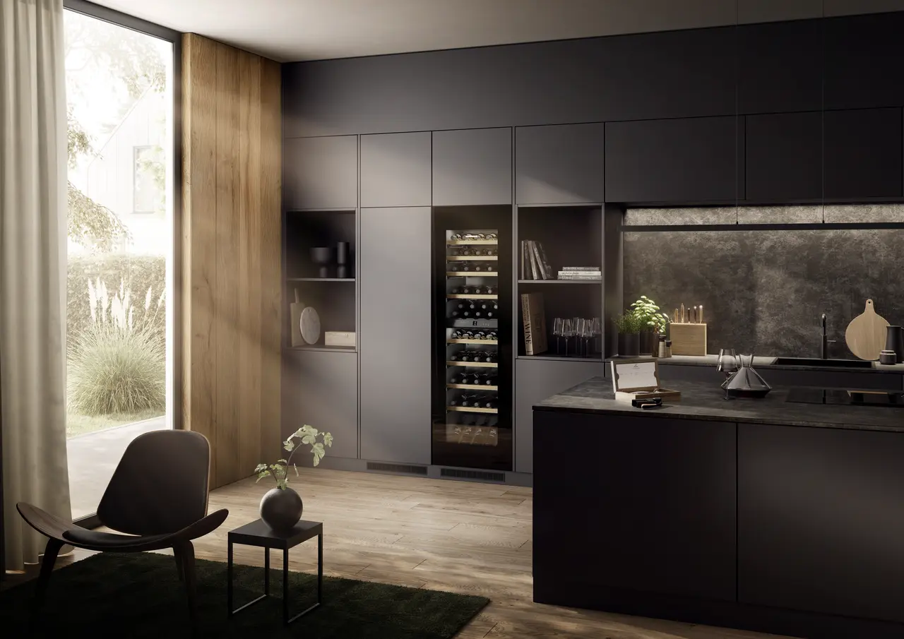 Product image, Perspective: milieu, Built-in multi-temperature wine cabinet, Casing colour: silver, Door colour: GlassBlack
