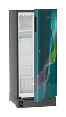 Product image, Perspective: oblique half-open empty, Single-door refrigerator 202 l in 5 star with inverter compressor, Casing colour: grey, Door colour: Teal Strings