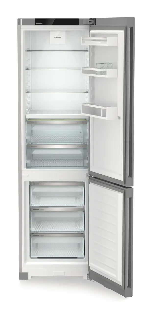Product image, Perspective: straight open empty, Fridge-freezer with BioFresh and NoFrost, Casing colour: silver, Door colour: stainless steel