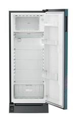 Product image, Perspective: straight open empty, Single-door fridge 222 l in 4 star with foot pedal base drawer, Casing colour: grey, Door colour: Teal Strings