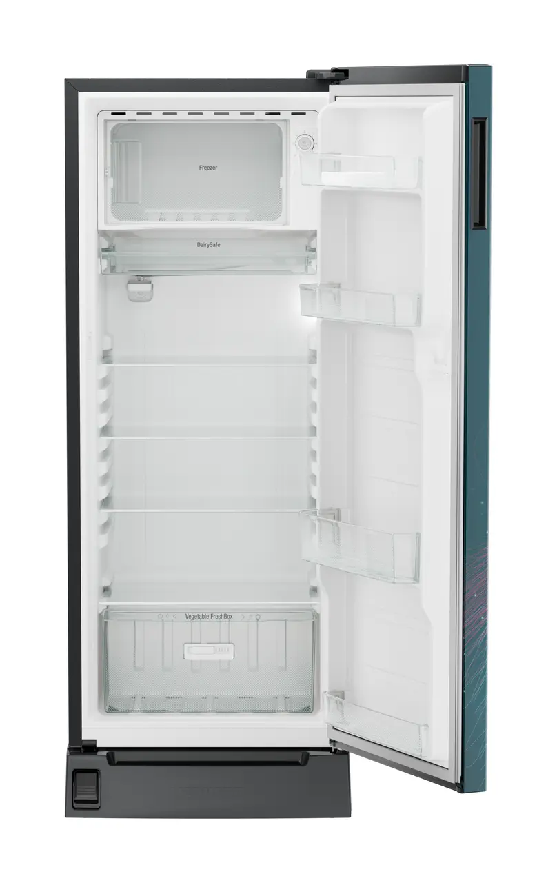 Product image, Perspective: straight open empty, Single-door fridge 222 l in 4 star with foot pedal base drawer, Casing colour: grey, Door colour: Teal Strings