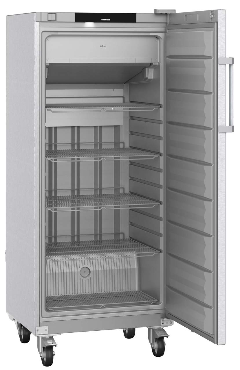 Product image, Perspective: oblique open empty, Freestanding freezer with NoFrost, Casing colour: stainless steel, Door colour: stainless steel
