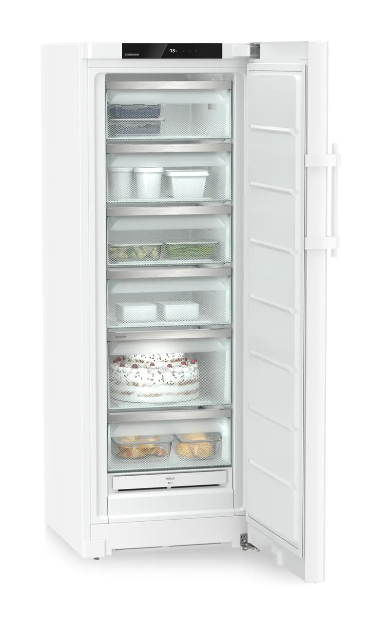 Изображение продукции, Перспектива: Под углом, с открытой дверцей, с продуктами, Морозильная камера с системой NoFrost, Цвет корпуса: белый, Цвет дверцы: белый