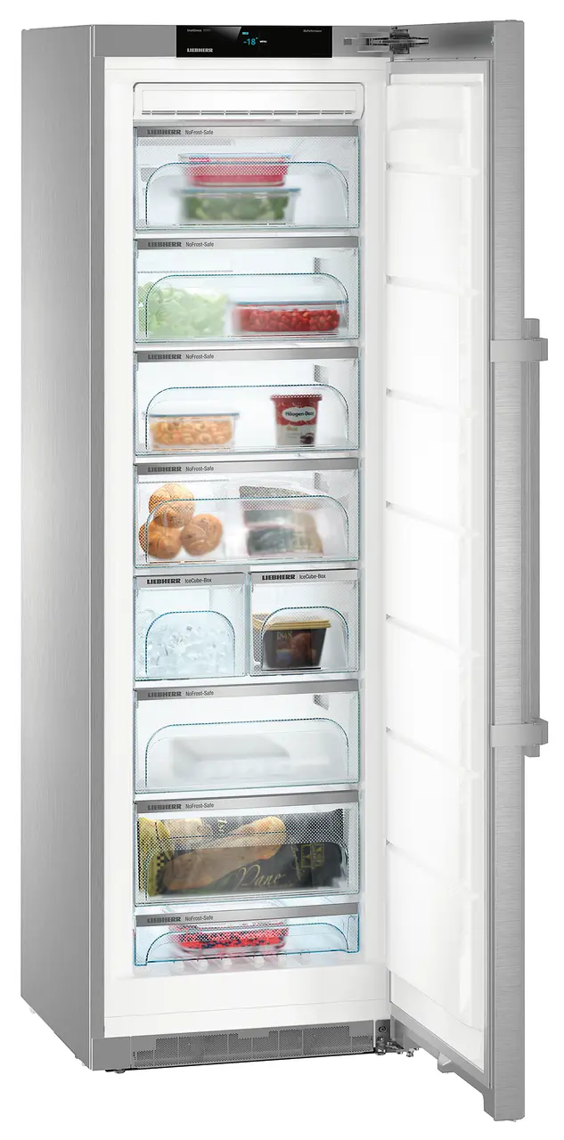 Product image, Perspective: oblique open decorated, Freestanding freezer with NoFrost, Casing colour: stainless steel, Door colour: stainless steel