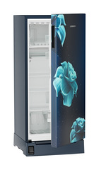 Product image, Perspective: oblique half-open empty, Single-door refrigerator 191 l in 3 star with foot pedal base drawer, Casing colour: blue, Door colour: Blue Divine