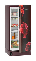 Product image, Perspective: oblique half-open decorated, Single-door fridge, 191 l in 2 star with foot pedal base drawer, Casing colour: red, Door colour: Red Divine