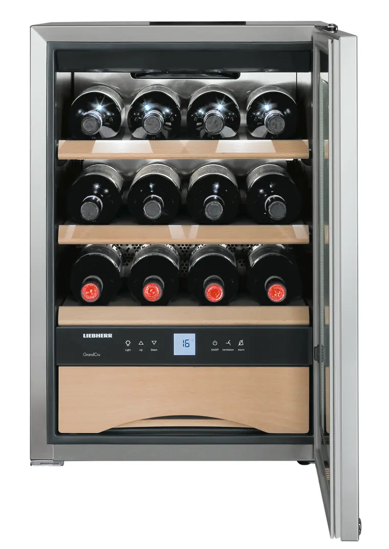 Product image, Perspective: straight open decorated, Wine storage cabinet, Casing colour: stainless steel, Door colour: silver