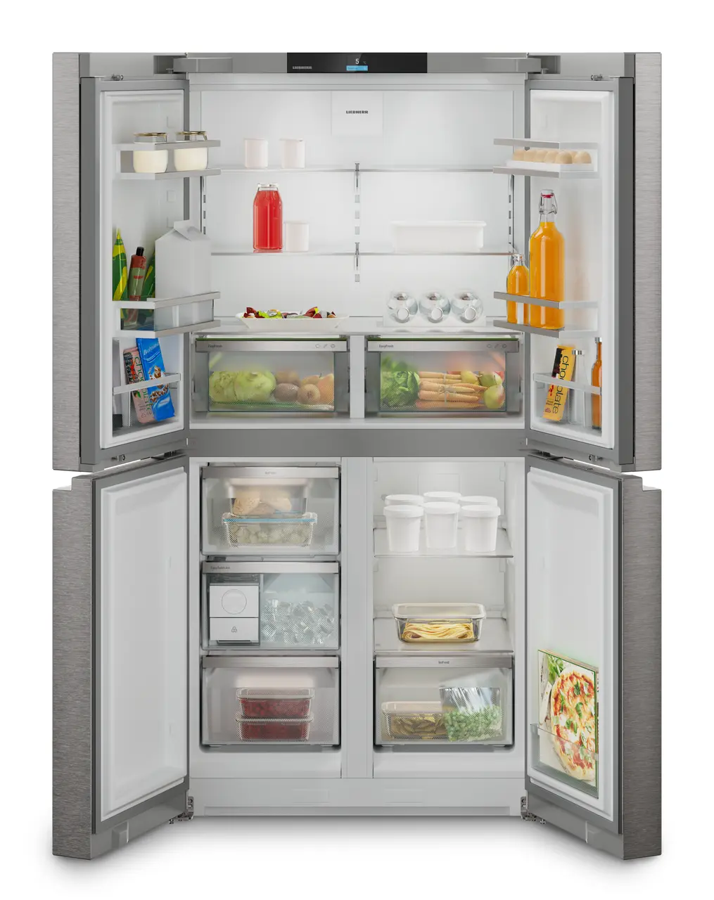 Product image, Perspective: straight open decorated, 4-door French Door fridge-freezer with EasyTwist-Ice, Casing colour: silver, Door colour: stainless steel