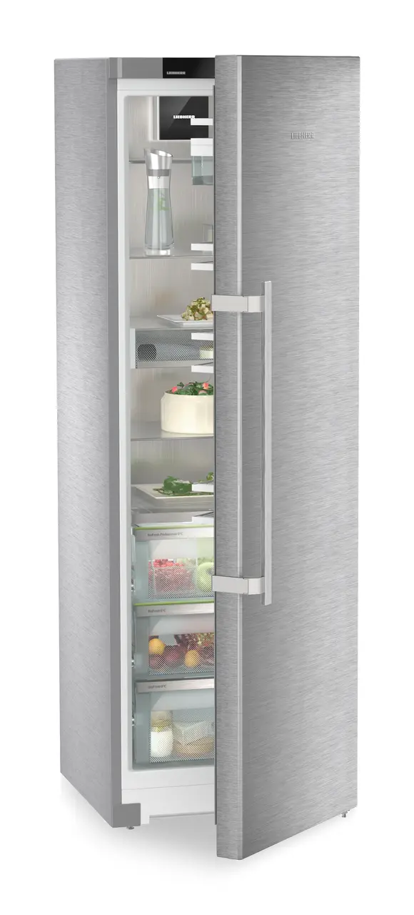 Product image, Perspective: oblique half-open decorated, Freestanding refrigerator with BioFresh Professional, Casing colour: stainless steel, Door colour: stainless steel
