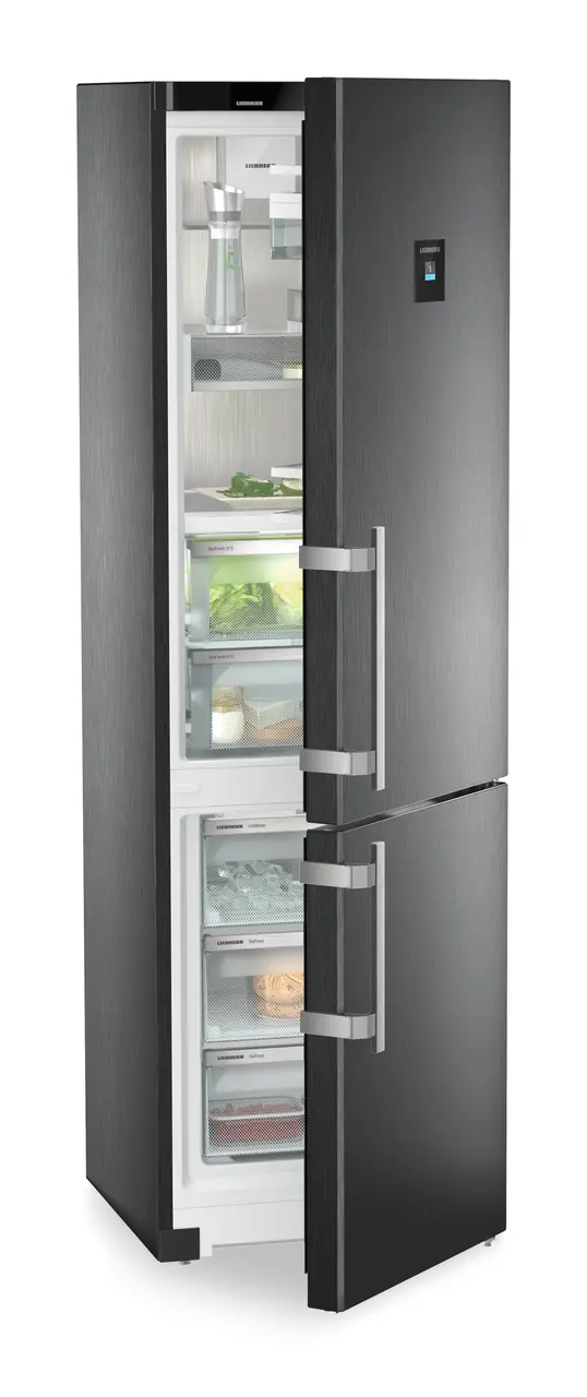 Product image, Perspective: oblique half-open decorated, Fridge-freezer with BioFresh and NoFrost, Casing colour: BlackSteel, Door colour: BlackSteel