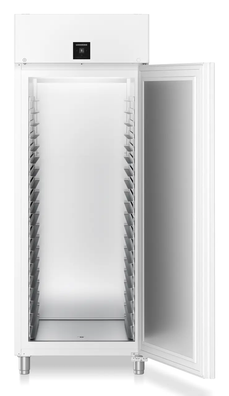 Produkt-Bild, Perspektive: gerade offen leer, Kühlgerät Bäckereinorm mit Umluftkühlung, Gehäusefarbe: Weiß, Türfarbe: Weiß