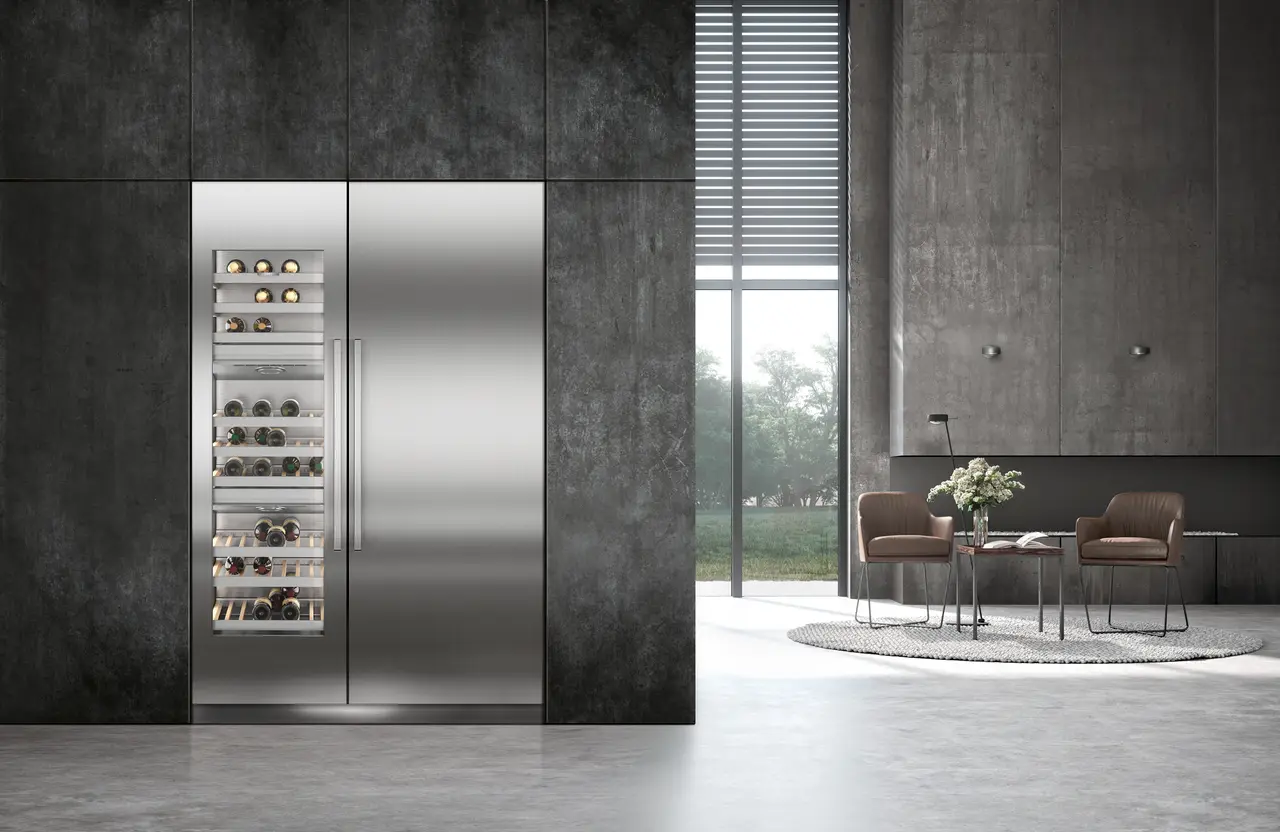Product image, Perspective: milieu, Built-in multi-temperature wine cabinet, Casing colour: grey, Door colour: stainless steel