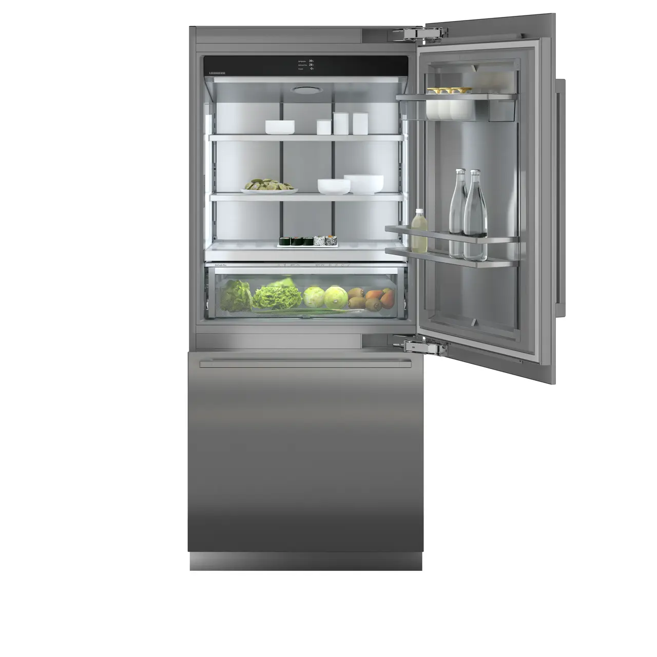 Product image, Perspective: straight open decorated, Combined refrigerator-freezer with BioFresh and NoFrost for integrated use, Casing colour: grey