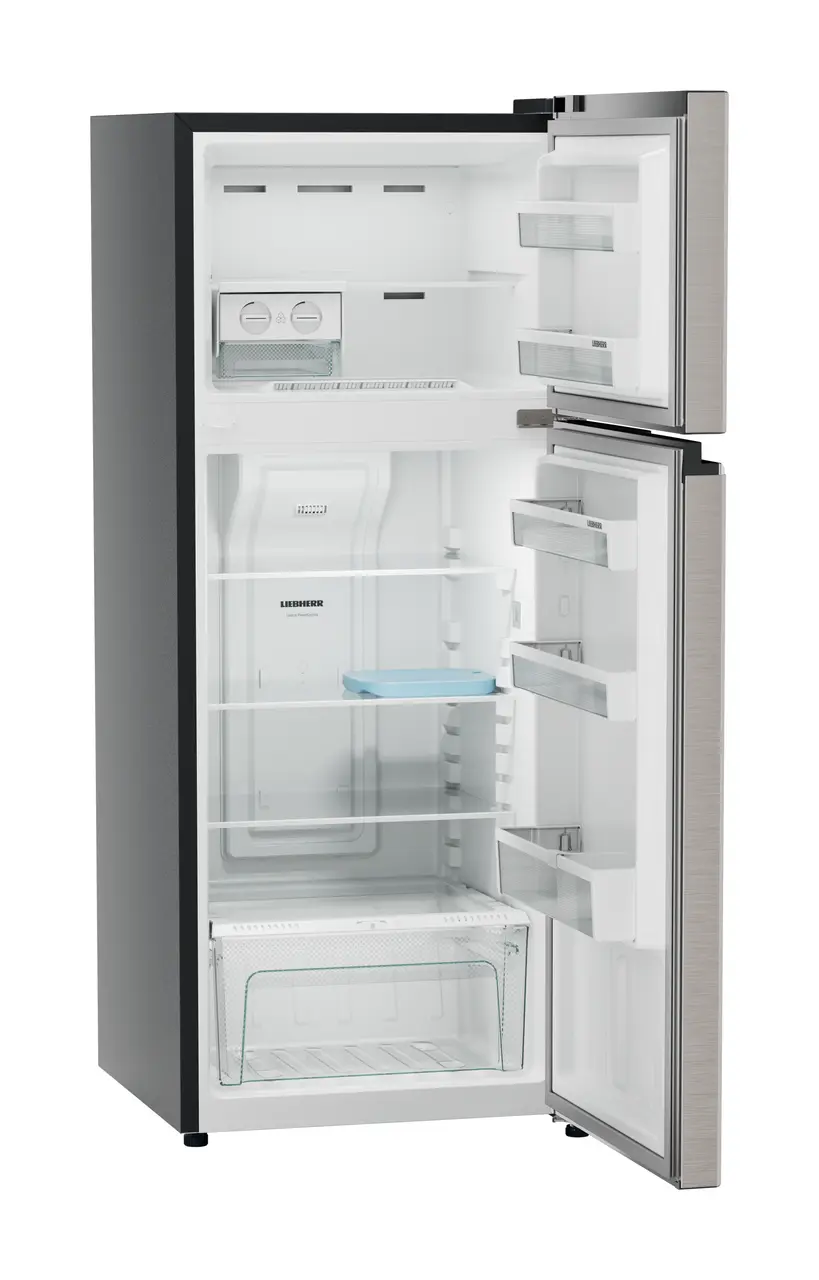 Product image, Perspective: oblique open empty, Fridge-freezer with NoFrost, Casing colour: grey, Door colour: Grey Steel