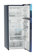 Product image, Perspective: oblique open empty, Fridge-freezer with NoFrost, Casing colour: blue, Door colour: Blue Mystiq
