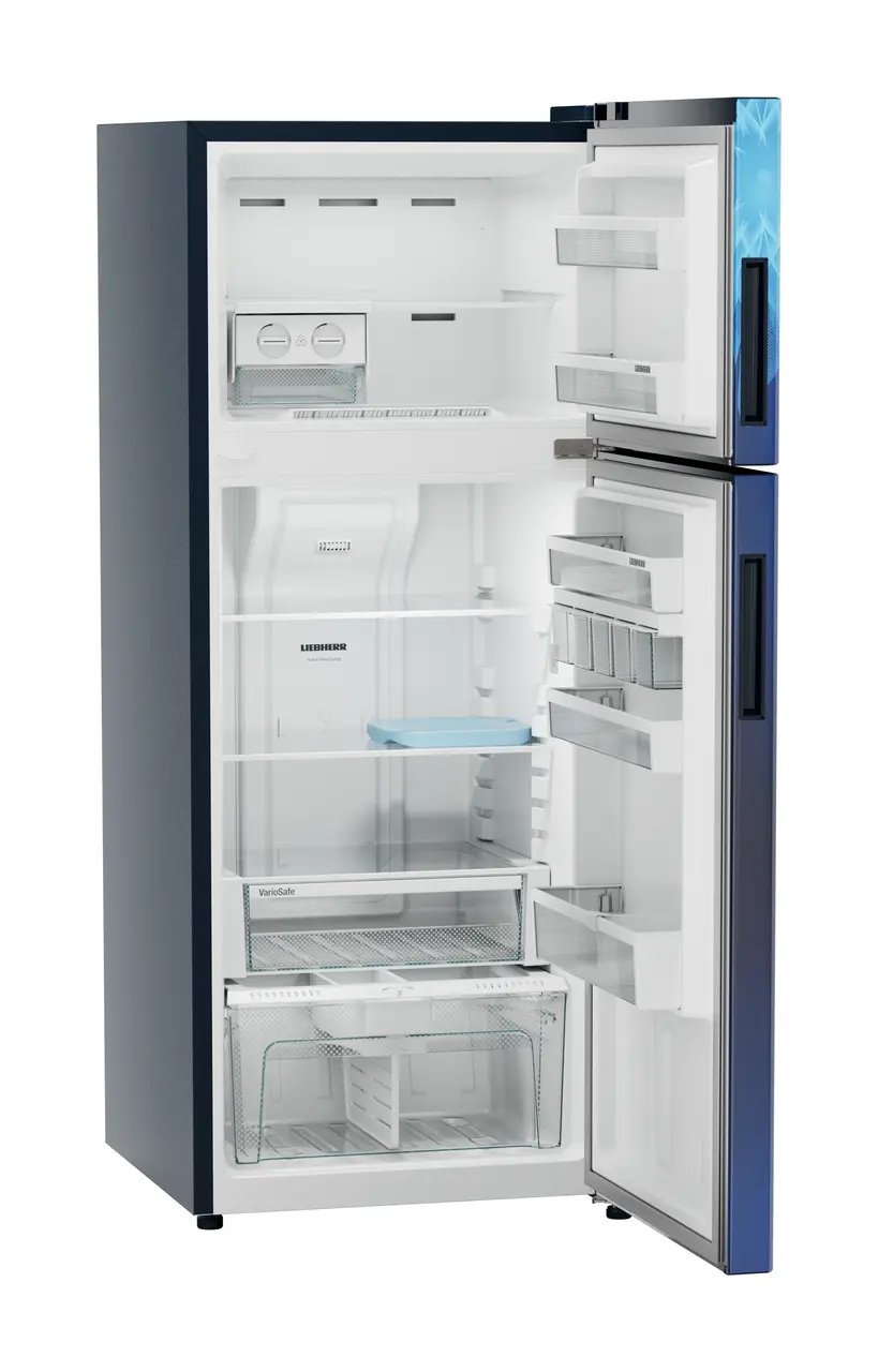 Product image, Perspective: oblique open empty, Fridge-freezer with NoFrost, Casing colour: blue, Door colour: Blue Mystiq