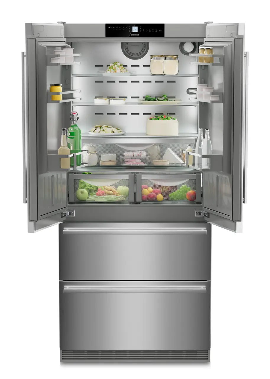 Product image, Perspective: straight open decorated, Fridge-freezer with NoFrost, Casing colour: stainless steel, Door colour: stainless steel