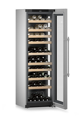 Product image, Perspective: oblique open decorated, Multi-temperature wine cabinet, Casing colour: silver, Door colour: stainless steel