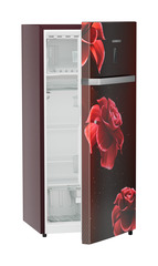 Product image, Perspective: oblique half-open empty, Single-door refrigerator 202 l in 4 star with iCoolTouch UI, Casing colour: red, Door colour: Red Divine