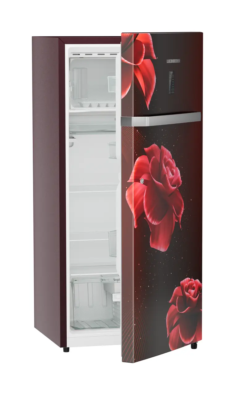 Product image, Perspective: oblique half-open empty, Single-door refrigerator 202 l in 4 star with iCoolTouch UI, Casing colour: red, Door colour: Red Divine