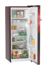 Product image, Perspective: oblique open decorated, Single-door refrigerator 222 l in 4 star with iCoolTouch UI, Casing colour: red, Door colour: Red Mystiq