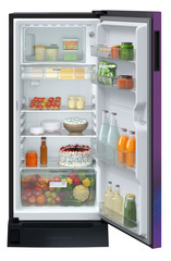 Product image, Perspective: straight open decorated, Single-door refrigerator 191 l in 3 star with foot pedal base drawer, Casing colour: grey, Door colour: Purple Strings