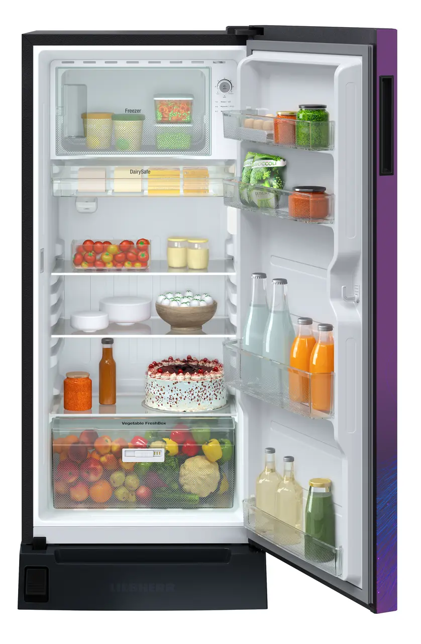 Product image, Perspective: straight open decorated, Single-door refrigerator 191 l in 3 star with foot pedal base drawer, Casing colour: grey, Door colour: Purple Strings
