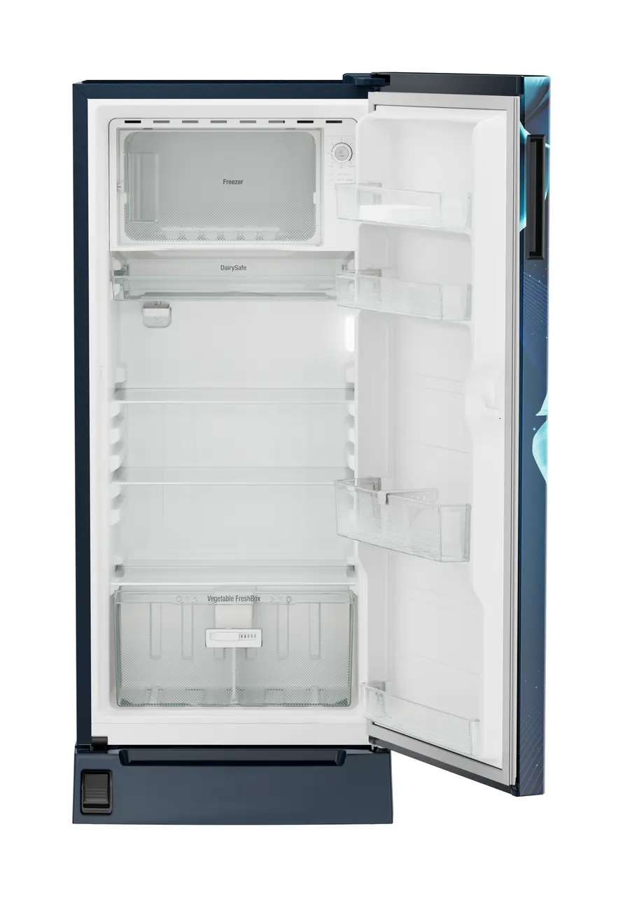 Product image, Perspective: straight open empty, Single-door refrigerator 191 l in 3 star with foot pedal base drawer, Casing colour: blue, Door colour: Blue Divine
