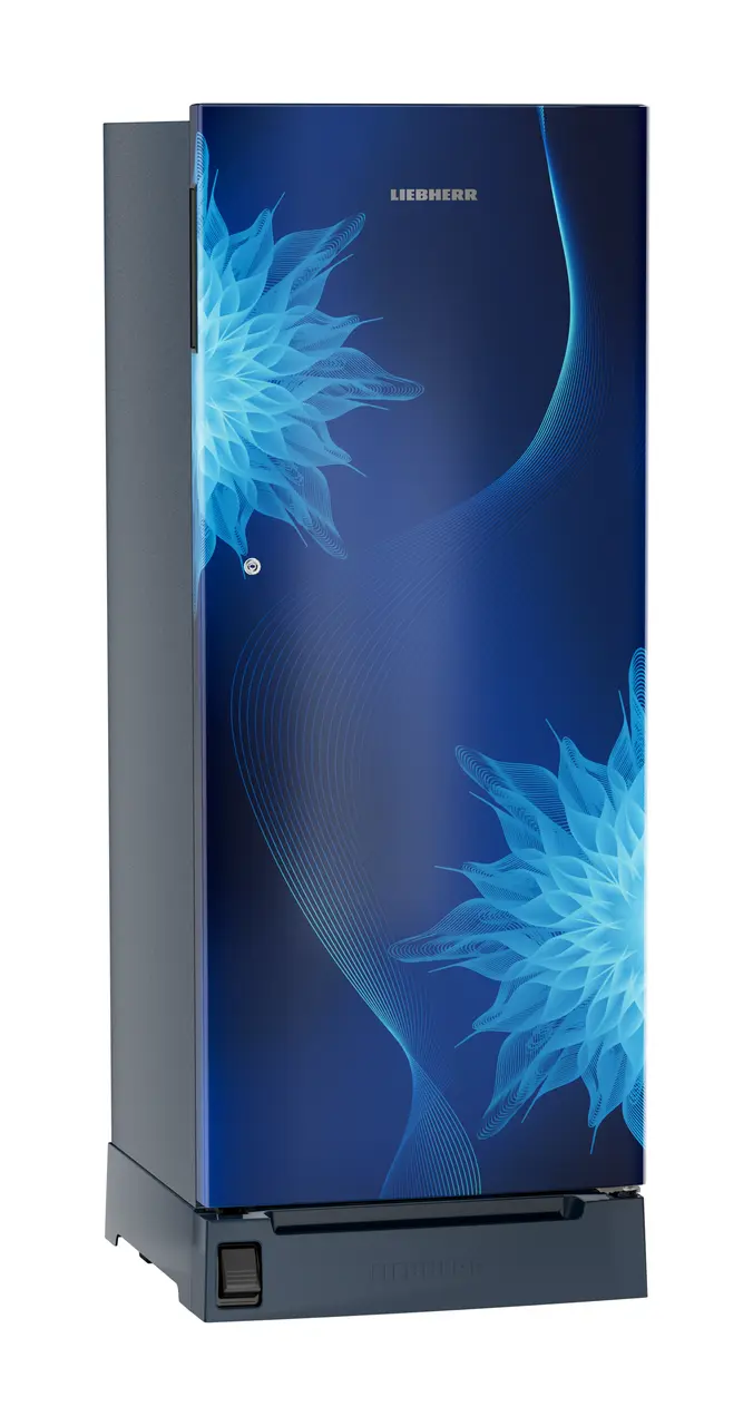 Product image, Perspective: oblique closed, Single-door refrigerator 222 l in 5 star with foot pedal base drawer, Casing colour: blue, Door colour: Blue Mystiq
